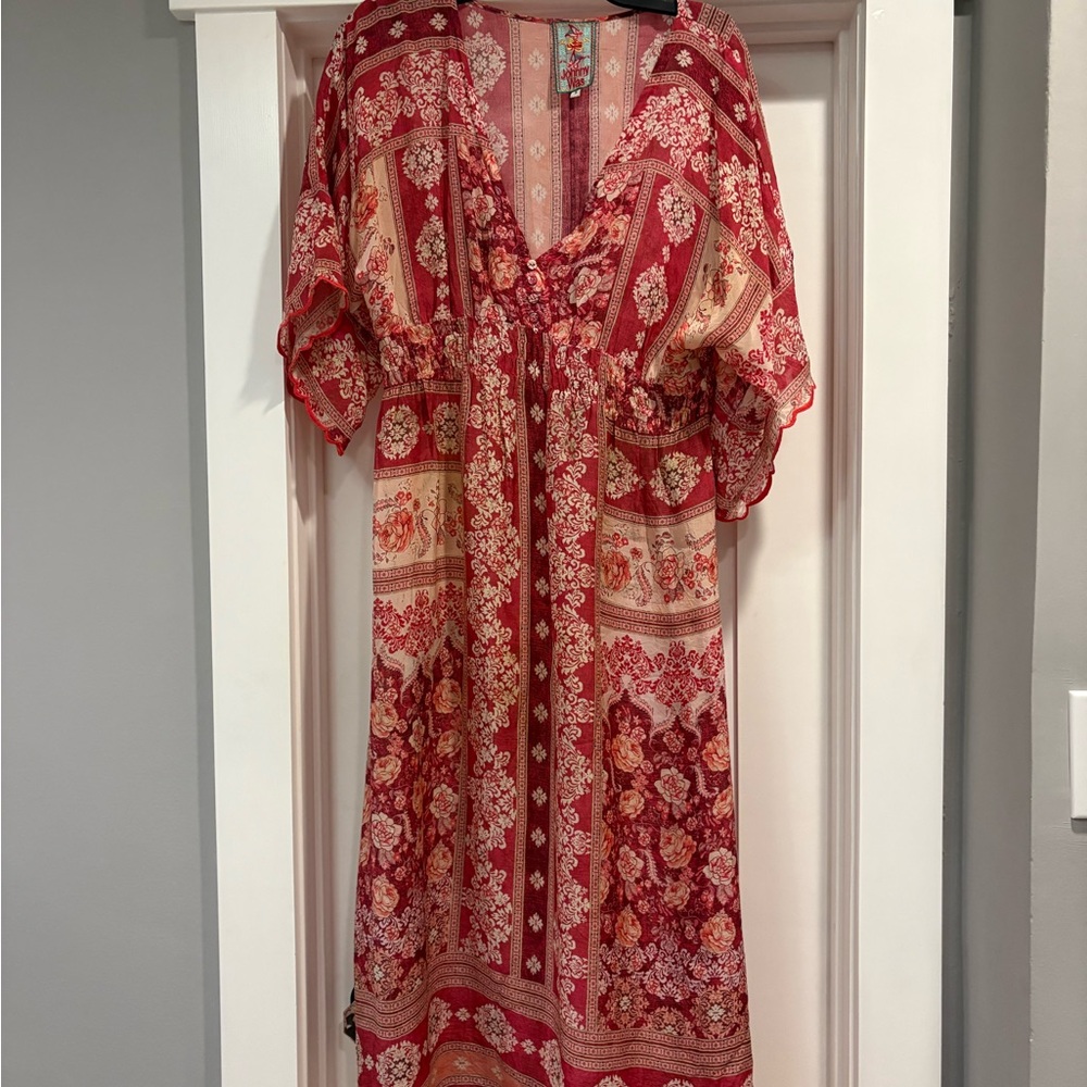 Johnny Was Red Floral Boho Maxi Dress